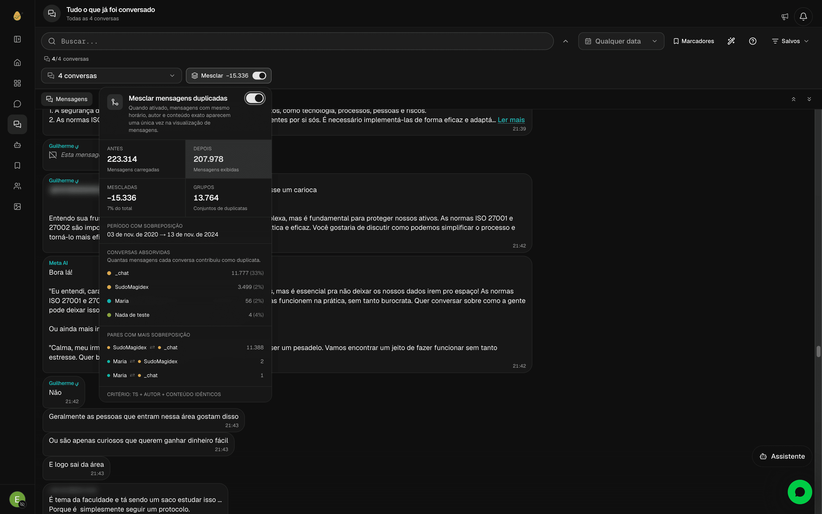 Timeline com várias conversas do WhatsApp reunidas no Duzoik